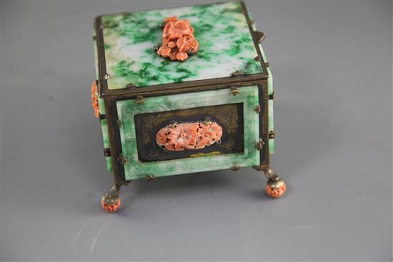 A Chinese jadeite and coral mounted silver-gilt trinket box, 10.1 x 10.1cm. height 9cm